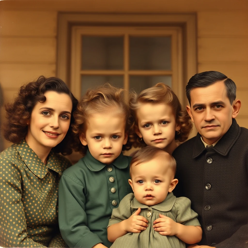 1940s family group photo, black and white — colorize with period-accurate skin tones and clothing.