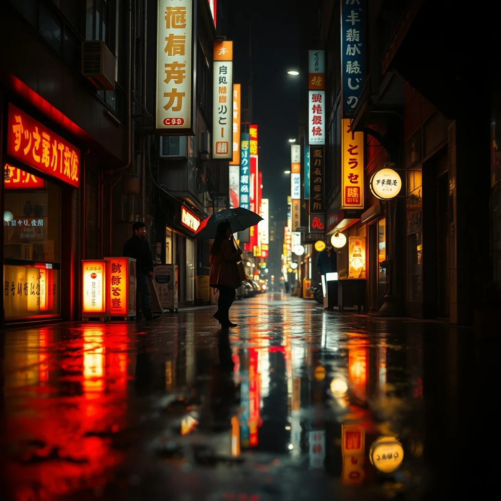 Neon-lit Tokyo street at night, rain reflections, cyberpunk aesthetic, cinematic.
